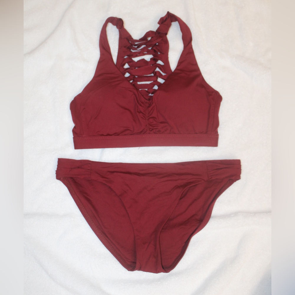 BECCA Burgundy Lace-Up Bralette Bikini